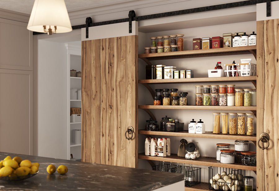 chestnut solid wood shelves used in kitchen pantry