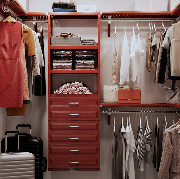 red mahogany John Louis Home closet organizer used in a small walk in closet