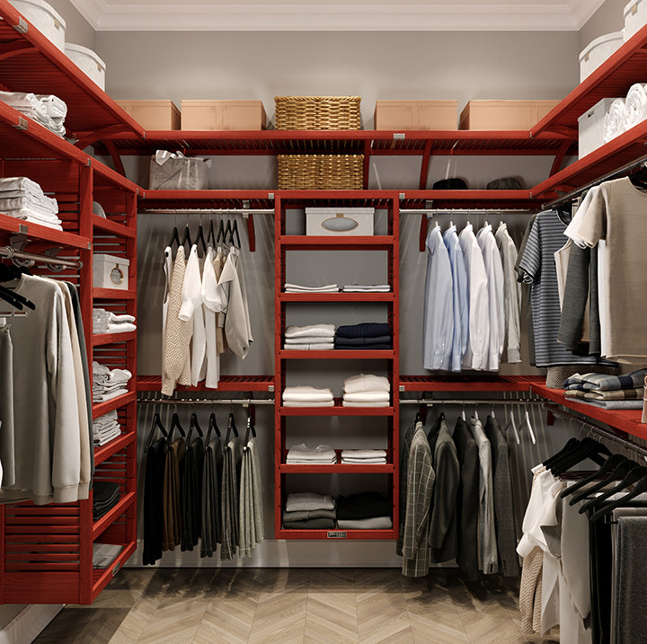 Custom walk in closet design used with John Louis Home closet organizers neatly displaying clothes and items