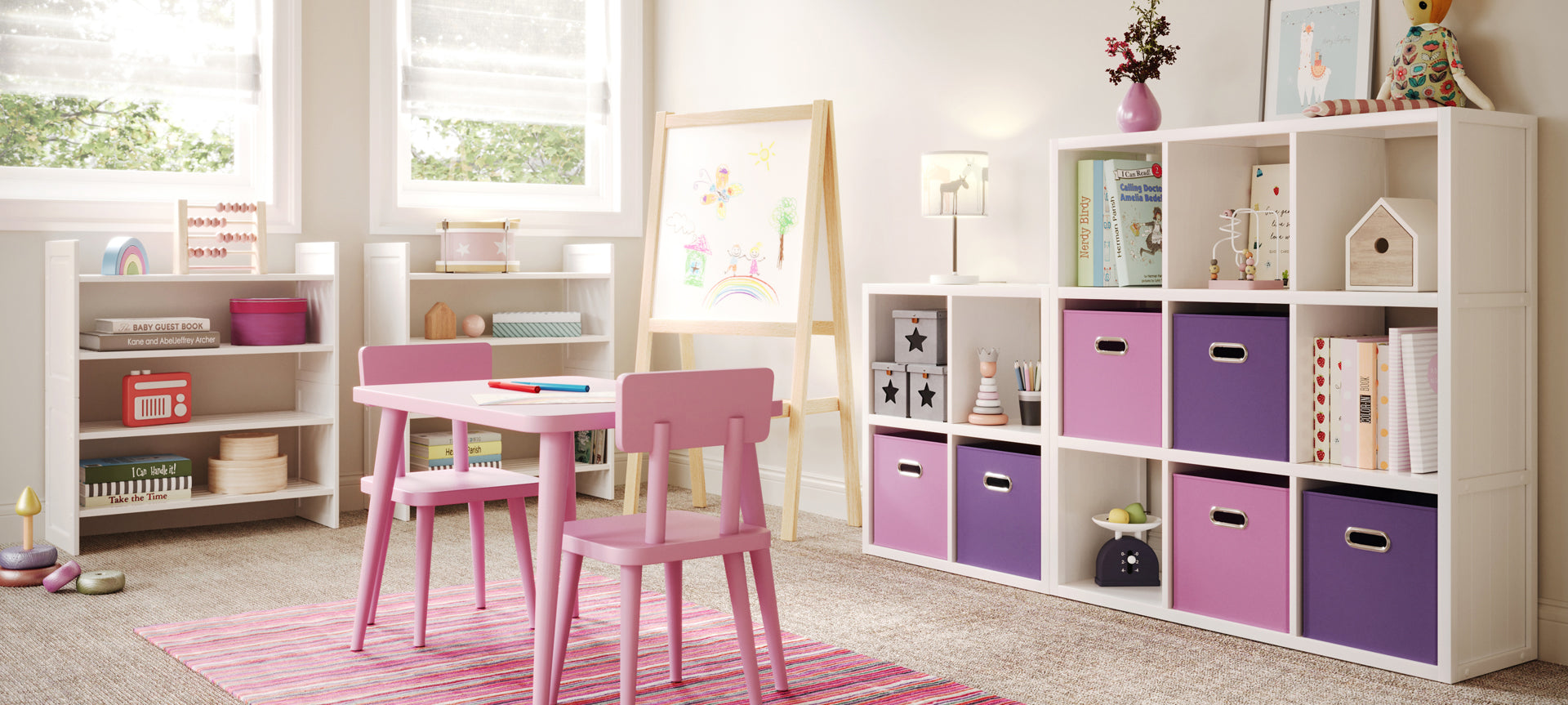 cube organizers and stackable storage shelving in kids playroom