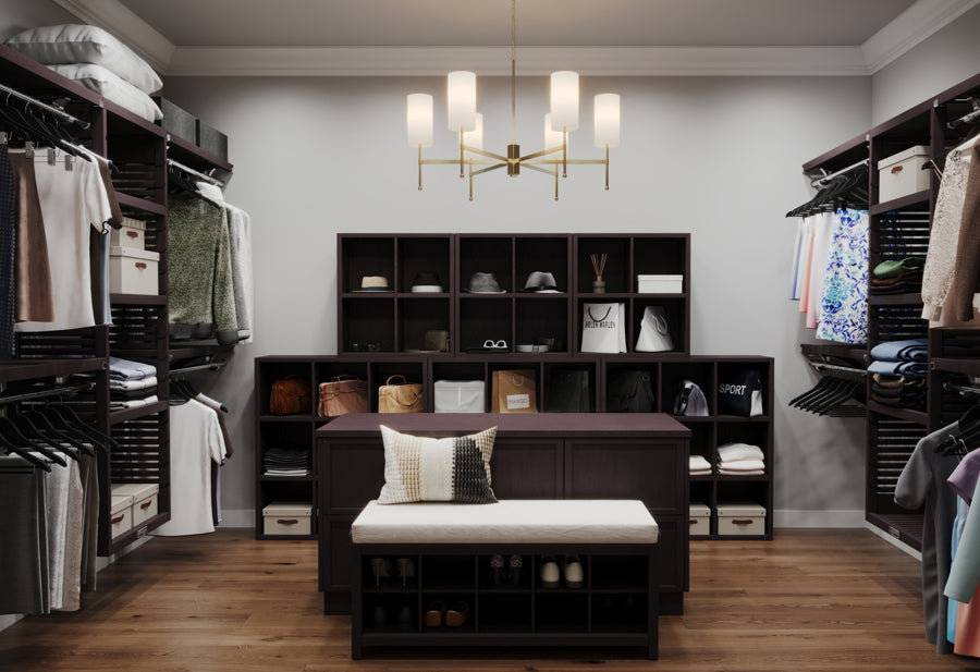 espresso large walk in closet system with storage cubes bench and island