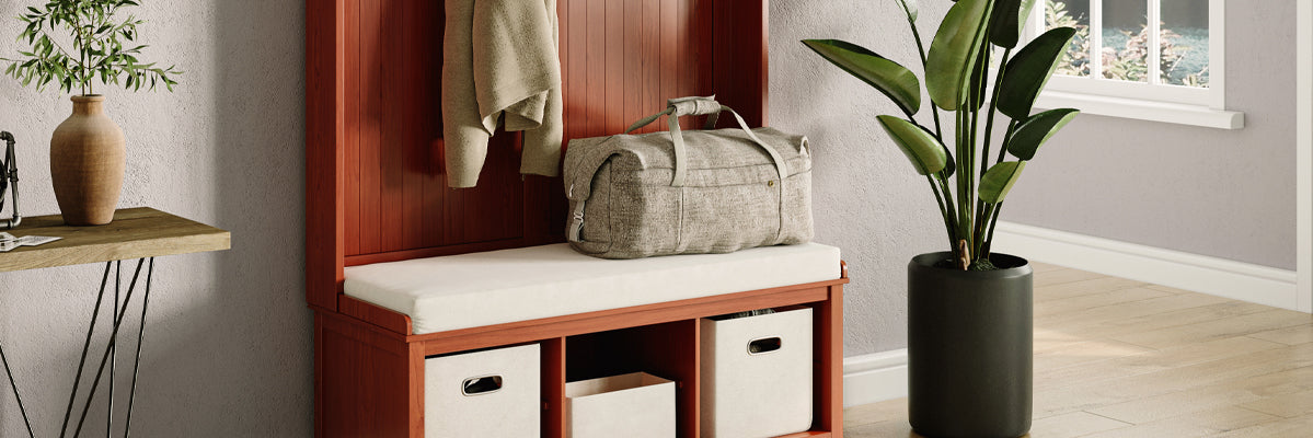 closeup image of the John Louis Home hall tree cubby and shoe bench storage options