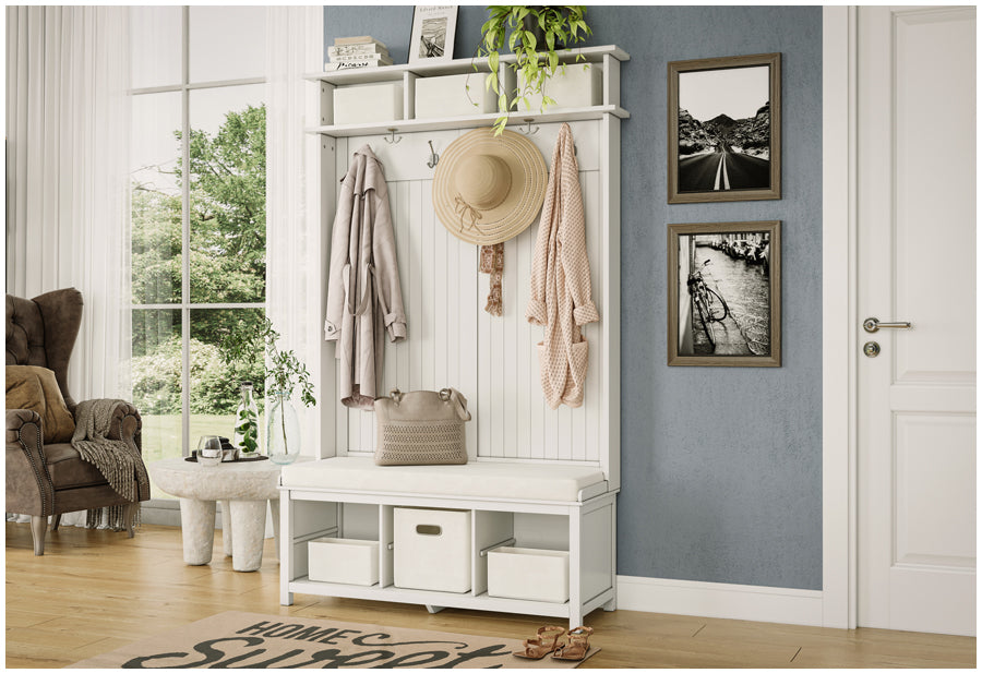 White John Louis Home hall tree organizer used in a farmhouse decor