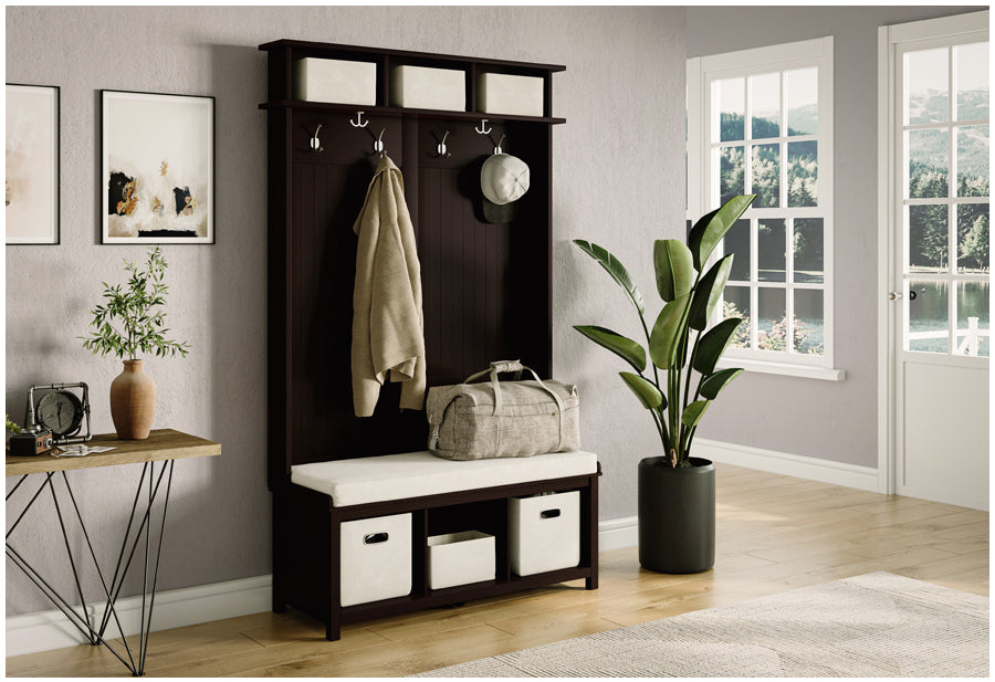 Sleek modern espresso finished John Louis Home hall tree organizer used in a modern  home entryway
