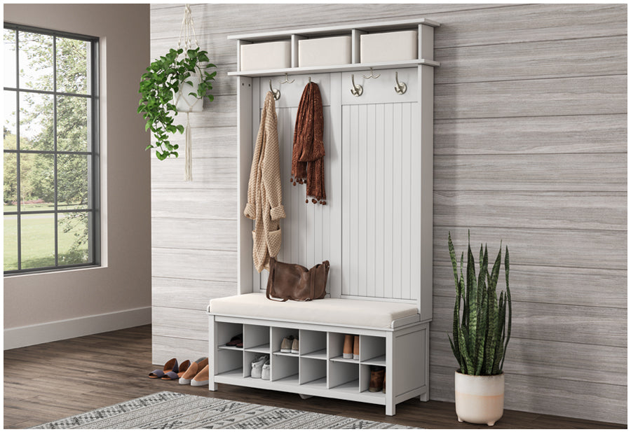 Contemporary hall tree organizer used to store shoes, coats, hats and purses in a homes hallway