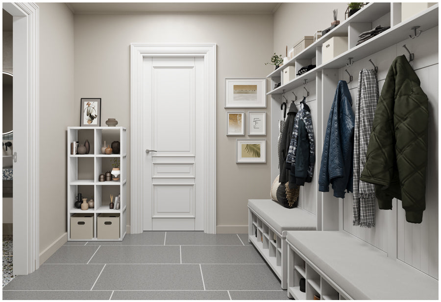 John Louis Home hall tree organizer used to organize winter and summer items in a mudroom