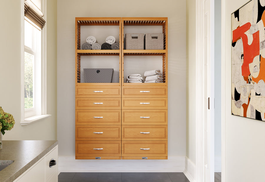 honey maple storage towers with drawers used in mudroom entryway