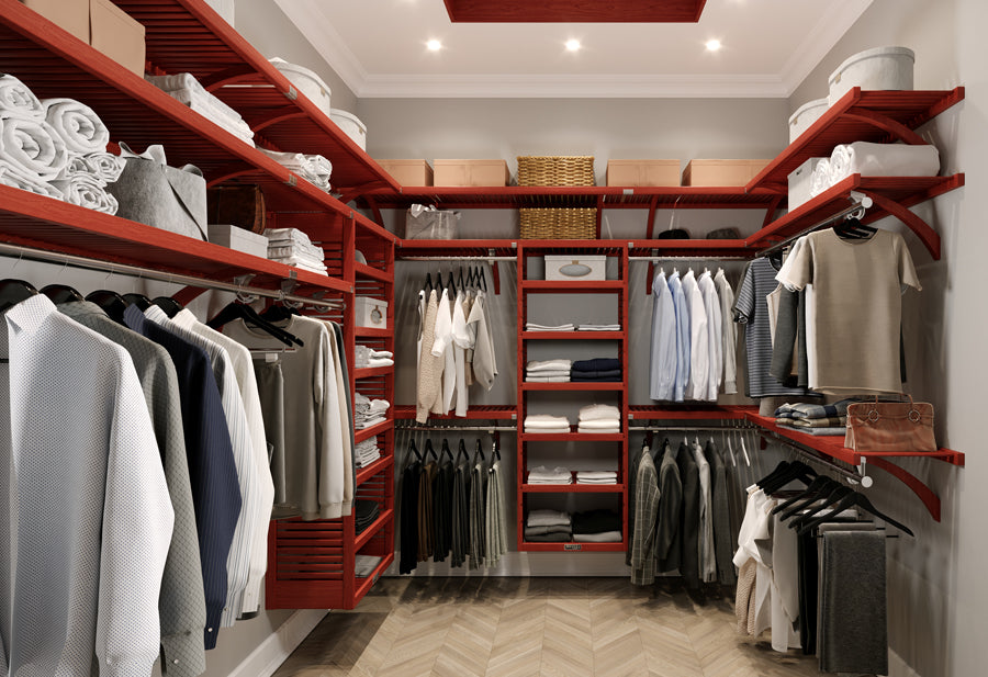 red mahogany walk in closet design in bedroom