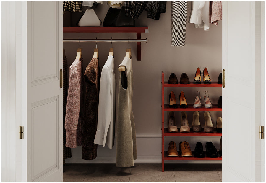 2 tiered shoe rack keeping shoes neatly organized in a small reach n closet