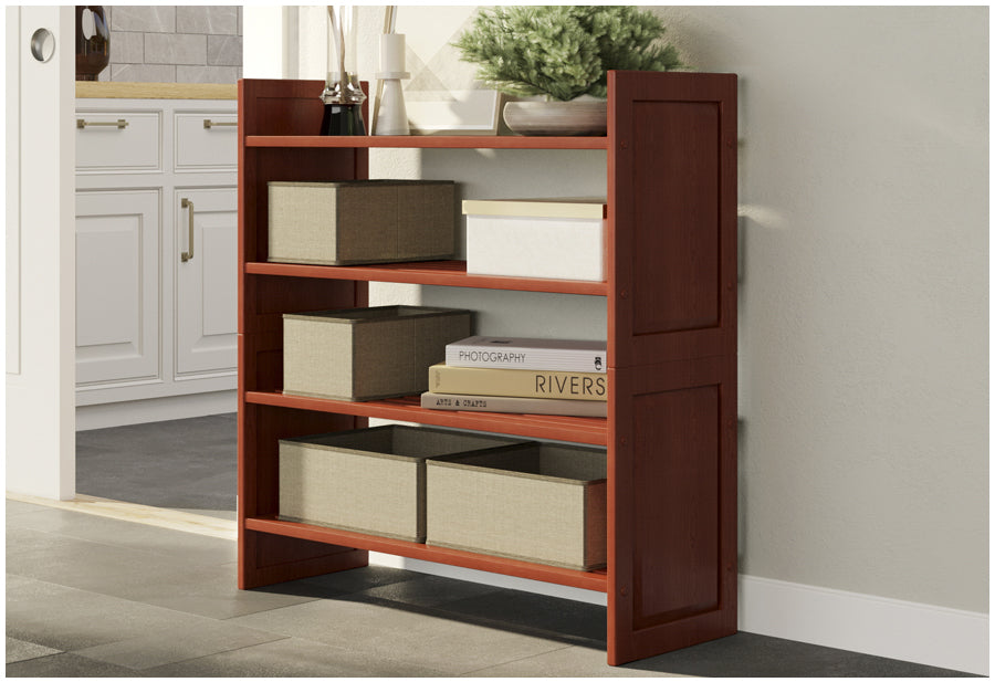 red mahogany 2 tiered shelving rack displaying and organizing books in a homes hallway