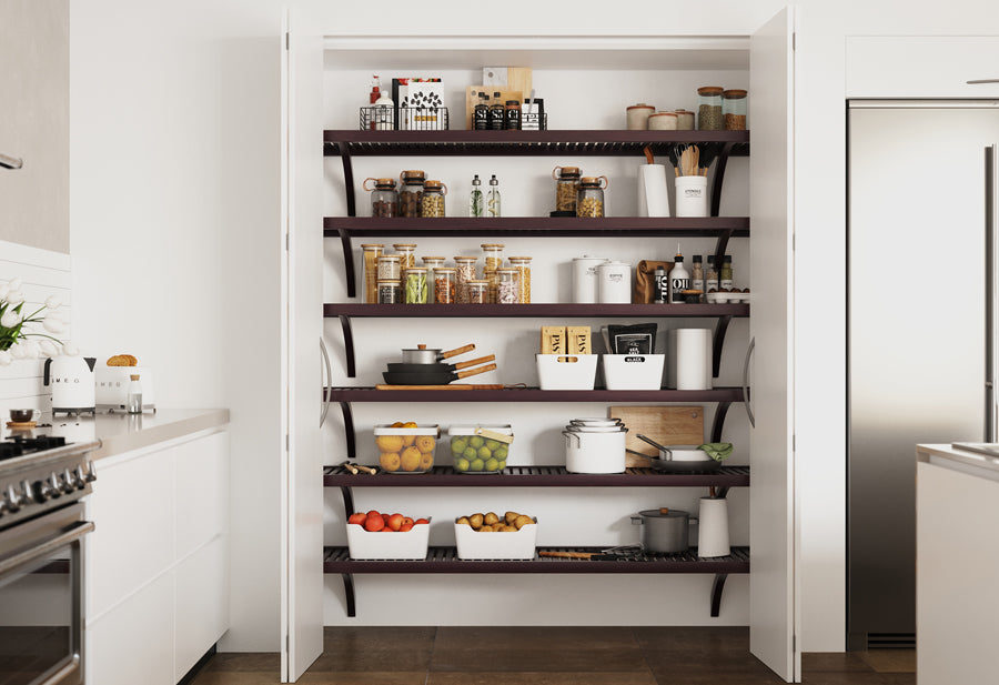 solid wood espresso shelves in reach in kitchen pantry