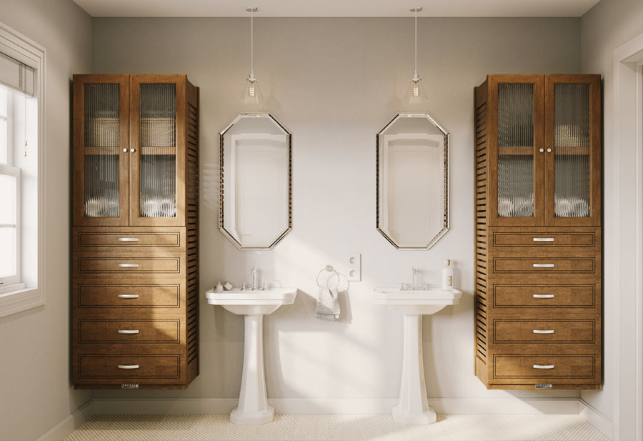 storage towers with drawers and doors used in bathroom organization