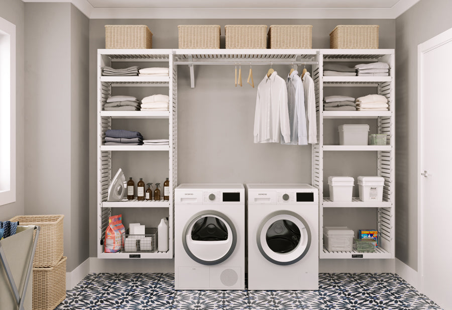 white laundry closet organizer system used in laundry room