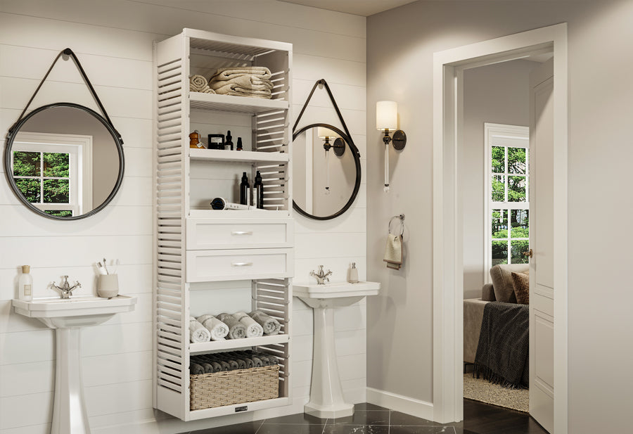 white storage tower with drawers used in bathroom organization